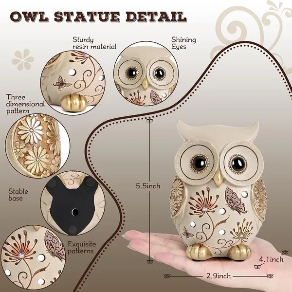 AEELLEEA Boho Resin Owl Figurine, Floral Butterfly Hollow Owl Statue Tabletop Ornament for Home Decor & Gift