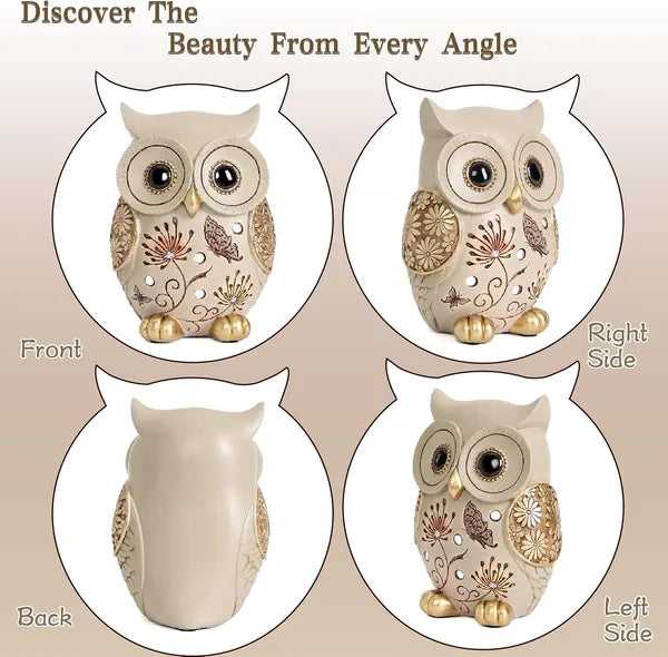 AEELLEEA Boho Resin Owl Figurine, Floral Butterfly Hollow Owl Statue Tabletop Ornament for Home Decor & Gift
