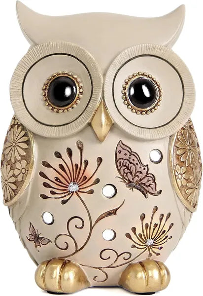 AEELLEEA Boho Resin Owl Figurine, Floral Butterfly Hollow Owl Statue Tabletop Ornament for Home Decor & Gift