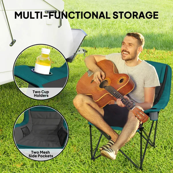 Aeelleea Folding Camping Chair, 39×28×40.6 Inch Portable Oversized Lawn Chair with Cup Holder, Side Pocket & Carry Bag for Outdoor, Black