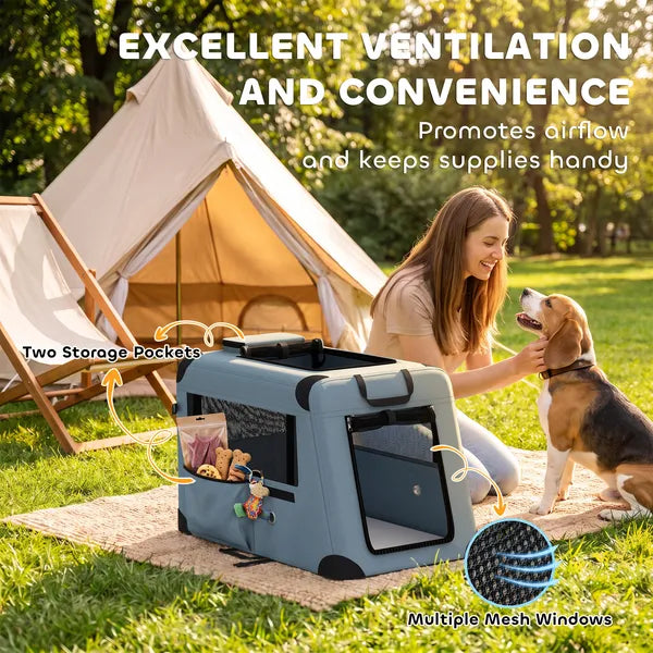 Aeelleea Collapsible Pet Travel Carrier, 27.2×17.7×18.1 Inch Soft Pet Crate, Removable Mat & Mesh Door, for Small Medium Dogs Cats, 44 Lbs Max Load