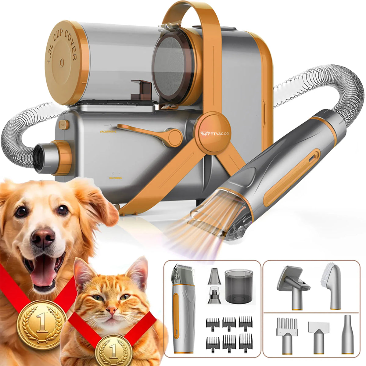 AEELLEEA Pet Grooming Vacuum Kit 7-in-1, Dog Cat Hair Clipper Nail Grinder & Blow Dryer, 10KPa 2.5L Cup, Low Noise, 6 lbs, 13.3x6x8.2 In