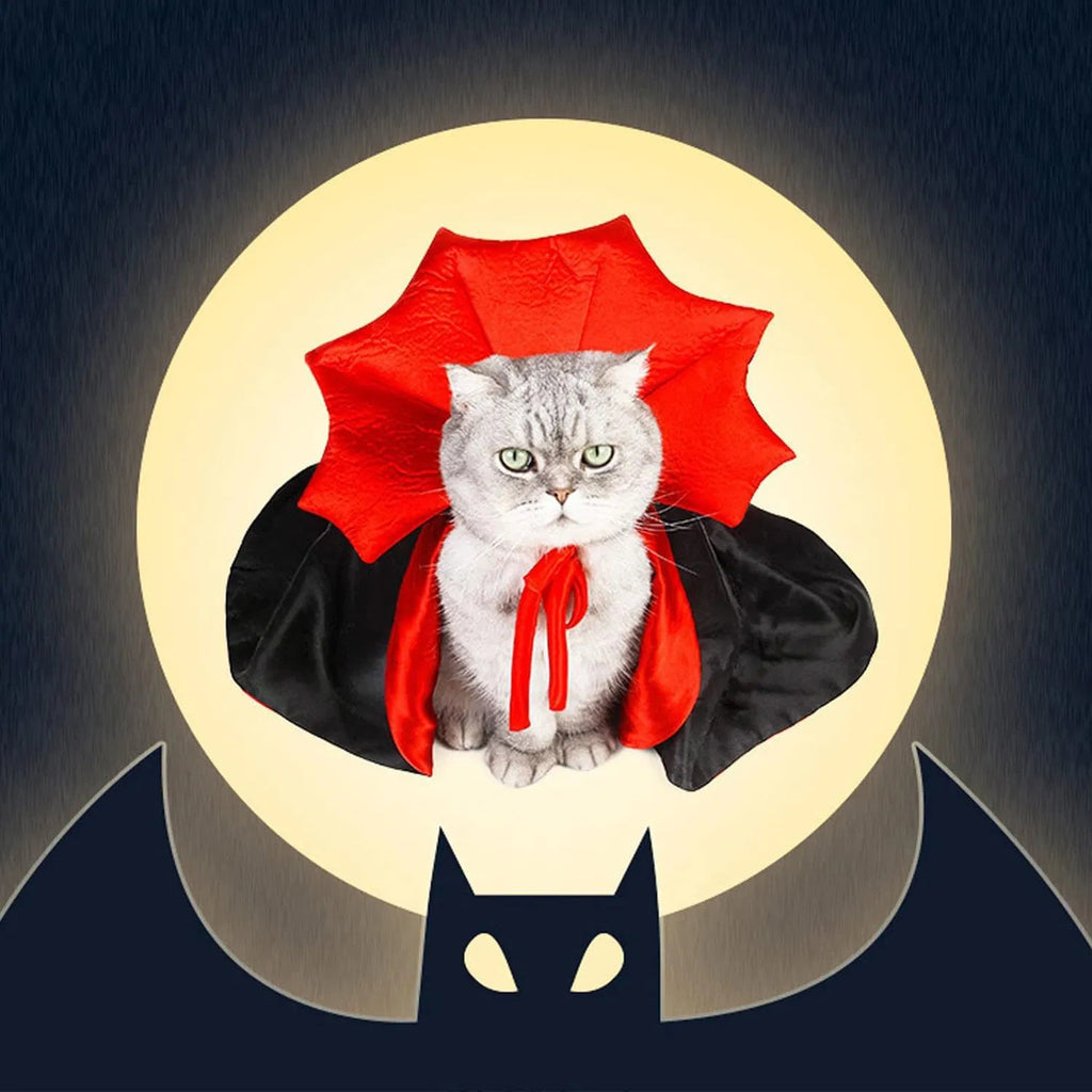 Pet Halloween Vampire Costume, Red & Black Dracula Cape with Collar for Dogs & Cats, Halloween Party Cosplay Outfit