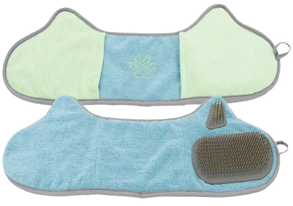 2-in-1 Pet Grooming Towel & Brush, Microfiber Drying Mitt with Built-In Grooming Brush for Dogs & Cats, 24.4 x 8.27 in