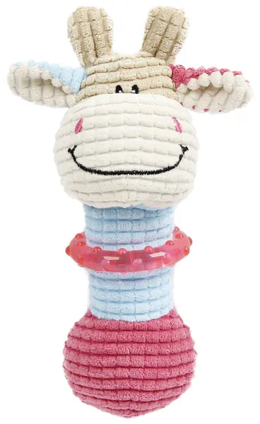 Plush Squeaky Dog Toy for Puppies Small Dogs, Cute Cow Corduroy Chew Toy with TPR Teething Ring, Interactive Pet Toy for Teething & Boredom Relief