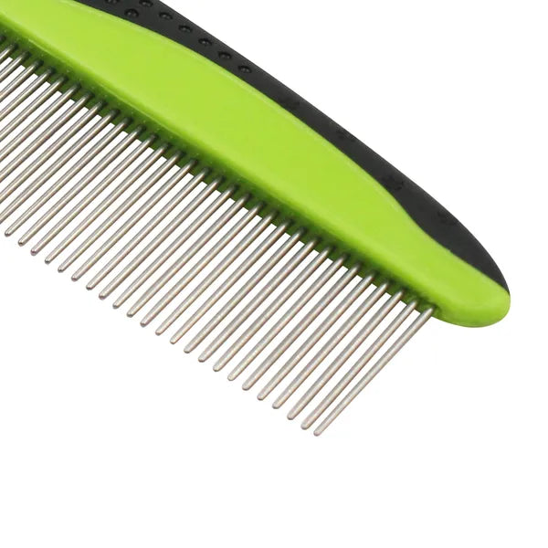 Stainless steel pet grooming comb with dual wide & narrow teeth, anti-slip rubber handle, removes tangles and loose fur for dogs and cats.