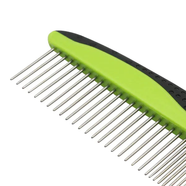 Stainless steel pet grooming comb with dual wide & narrow teeth, anti-slip rubber handle, removes tangles and loose fur for dogs and cats.