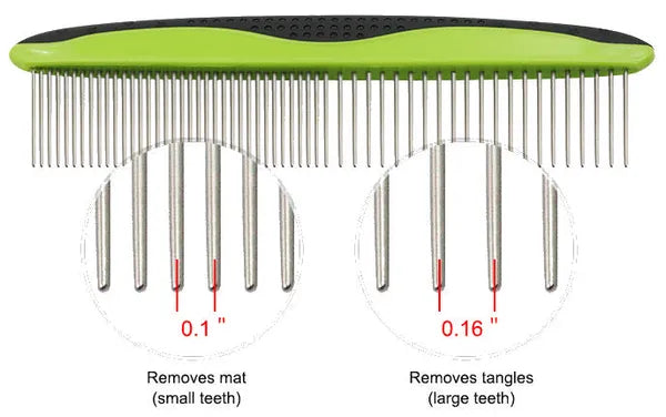 Stainless steel pet grooming comb with dual wide & narrow teeth, anti-slip rubber handle, removes tangles and loose fur for dogs and cats.
