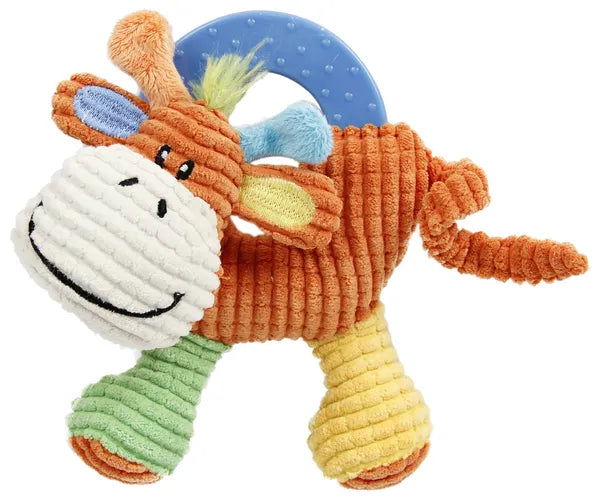 Plush Dog Toy with Rubber Teething Ring, Corduroy Animal Chew Toy for Puppies, Interactive Squeaky Pet Toy, Orange