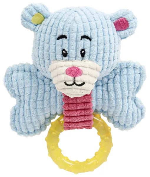 Puppy Teething Chew Toy, Soft Corduroy Bear Plush Dog Toy with Textured TPR Ring, Gum Massage Soothing Toy for Small Dogs & Puppies
