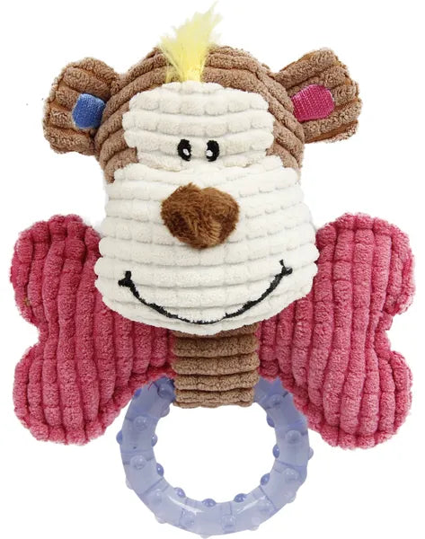 Puppy Teething Chew Toy, Soft Corduroy Monkey Plush Dog Toy with Textured TPR Ring, Gum Soothing Toy for Small Dogs & Teething Puppies