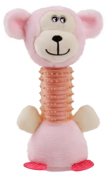 Plush Squeaky Dog Chew Toy with Textured TPR Neck, Pink Monkey Teething Toy for Small & Medium Dogs, 9.45 in