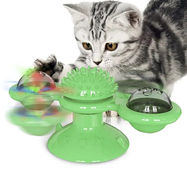 Aeelleea Windmill Rotating Suction Cup Cat Toy, Interactive Spinning Toy for Indoor Cats, Green
