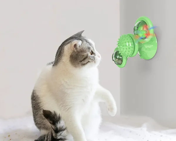 Aeelleea Windmill Rotating Suction Cup Cat Toy, Interactive Spinning Toy for Indoor Cats, Green