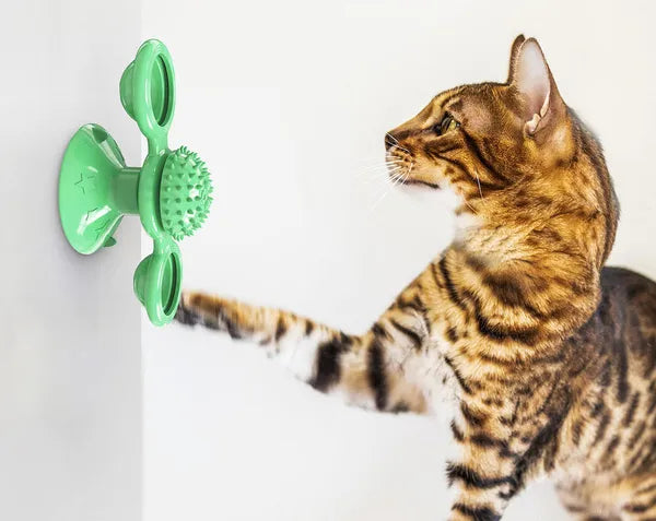 Aeelleea Windmill Rotating Suction Cup Cat Toy, Interactive Spinning Toy for Indoor Cats, Green