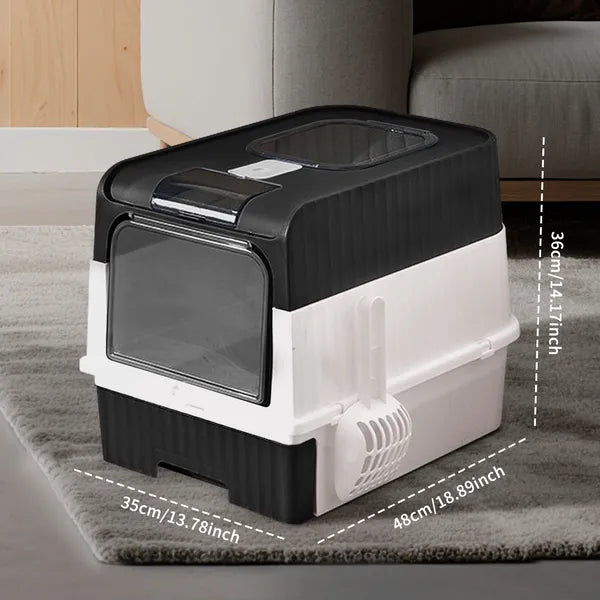 Aeelleea Enclosed Cat Litter Box with Scoop, Front & Top Entry Hooded Cat Toilet, 48×35×36cm Large Space Black White Splash Proof Cat Litter Pan