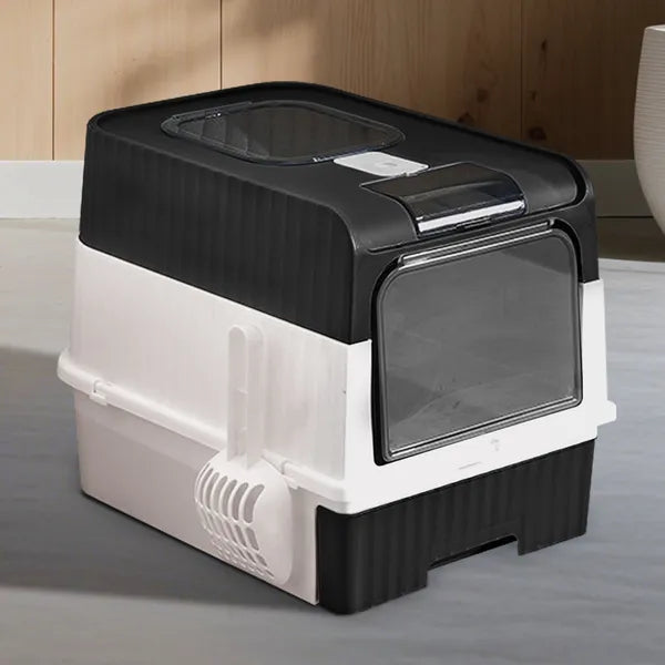 Aeelleea Enclosed Cat Litter Box with Scoop, Front & Top Entry Hooded Cat Toilet, 48×35×36cm Large Space Black White Splash Proof Cat Litter Pan