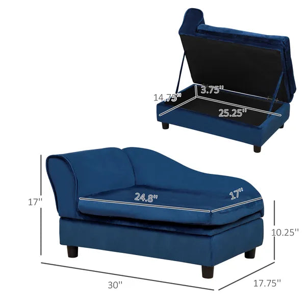 Pet Sofa Bed with Hidden Storage, Soft Foam Filling, Modern Pet Furniture for Cats & Small Dogs, Blue