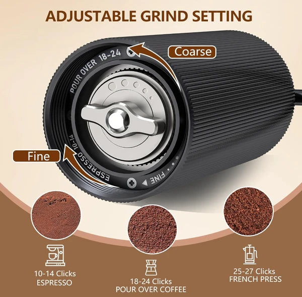 Aeelleea Portable Manual Coffee Grinder, 5.8in x 1.9in, Stainless Steel Conical Burr, Adjustable Grind, 25g for Espresso French Press Moka Pot