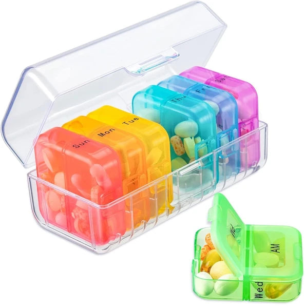 Aeelleea 7 Day AM PM Pill Organizer, Twice Daily Pill Box, Double Sided Large Opening Color Tracking Travel Case for Pills, Fish Oil & Vitamins
