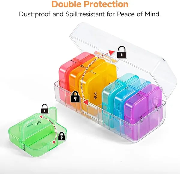 Aeelleea 7 Day AM PM Pill Organizer, Twice Daily Pill Box, Double Sided Large Opening Color Tracking Travel Case for Pills, Fish Oil & Vitamins