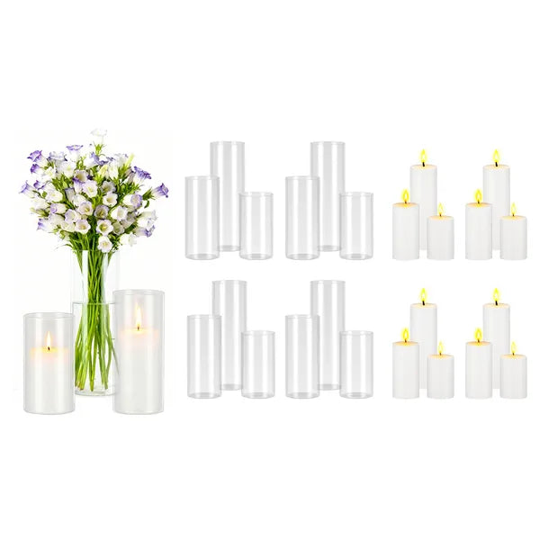 Aeelleea 24Pcs Pillar Candle & Glass Vase Set, Clear Cylindrical Hurricane Candle Holders, Tall Vases for Wedding Table Centerpiece, Thanksgiving Party Decor