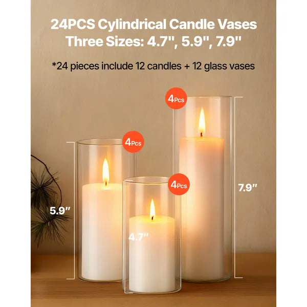 Aeelleea 24Pcs Pillar Candle & Glass Vase Set, Clear Cylindrical Hurricane Candle Holders, Tall Vases for Wedding Table Centerpiece, Thanksgiving Party Decor