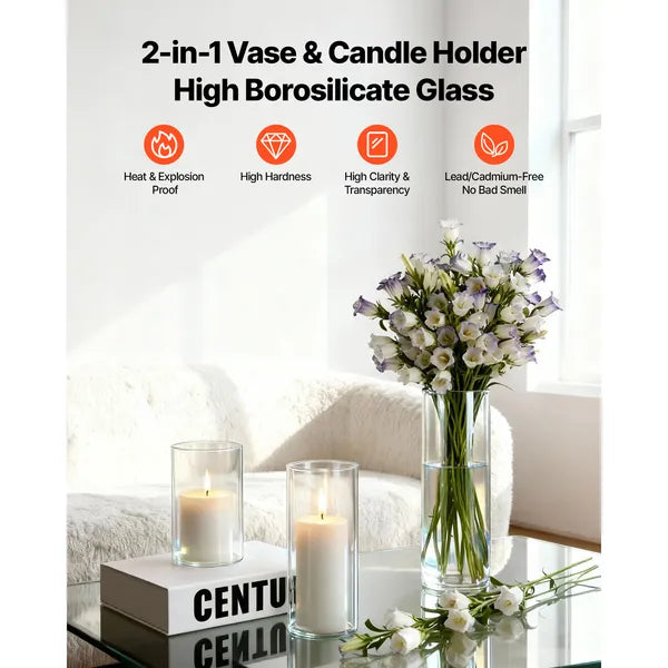 Aeelleea 24Pcs Pillar Candle & Glass Vase Set, Clear Cylindrical Hurricane Candle Holders, Tall Vases for Wedding Table Centerpiece, Thanksgiving Party Decor