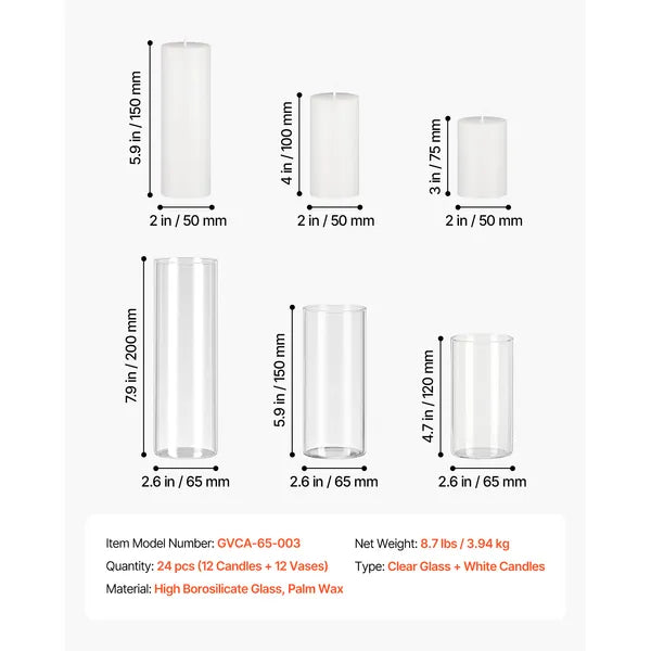 Aeelleea 24Pcs Pillar Candle & Glass Vase Set, Clear Cylindrical Hurricane Candle Holders, Tall Vases for Wedding Table Centerpiece, Thanksgiving Party Decor