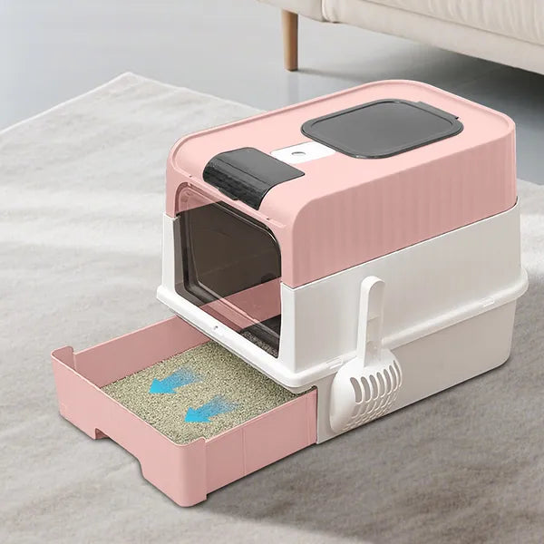 Fully Enclosed Cat Litter Box, Flip‑Top & Front Door Kitty Litter Box with Pull‑out Drawer, Includes Litter Scoop for Indoor Cats