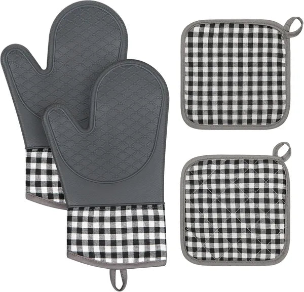 AEELLEEA Plaid Oven Mitts & Pot Holders 4 Pack, Heat Resistant Non-Slip Silicone Oven Gloves, Cotton Lining Kitchen Pads for Baking Cooking Grilling