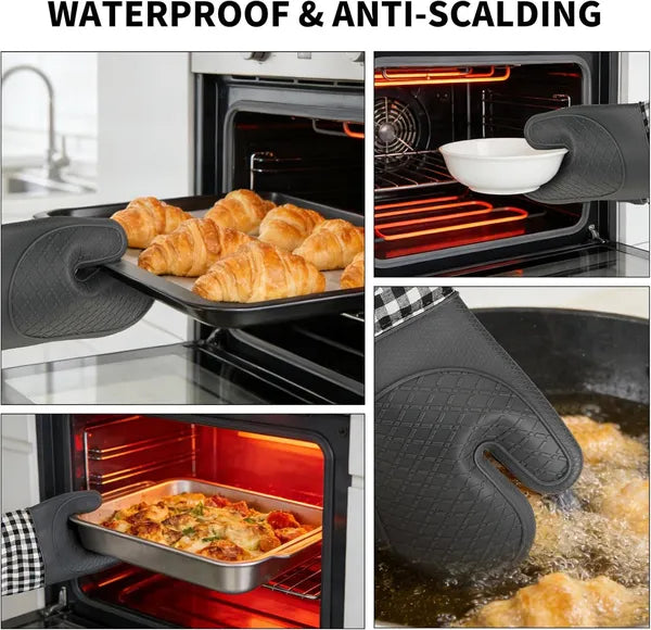 AEELLEEA Plaid Oven Mitts & Pot Holders 4 Pack, Heat Resistant Non-Slip Silicone Oven Gloves, Cotton Lining Kitchen Pads for Baking Cooking Grilling