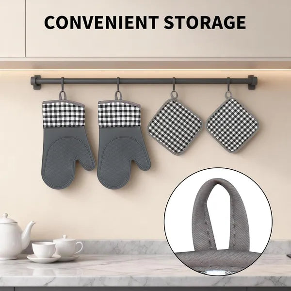 AEELLEEA Plaid Oven Mitts & Pot Holders 4 Pack, Heat Resistant Non-Slip Silicone Oven Gloves, Cotton Lining Kitchen Pads for Baking Cooking Grilling