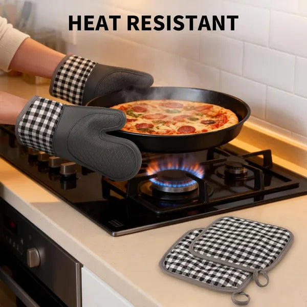 AEELLEEA Plaid Oven Mitts & Pot Holders 4 Pack, Heat Resistant Non-Slip Silicone Oven Gloves, Cotton Lining Kitchen Pads for Baking Cooking Grilling