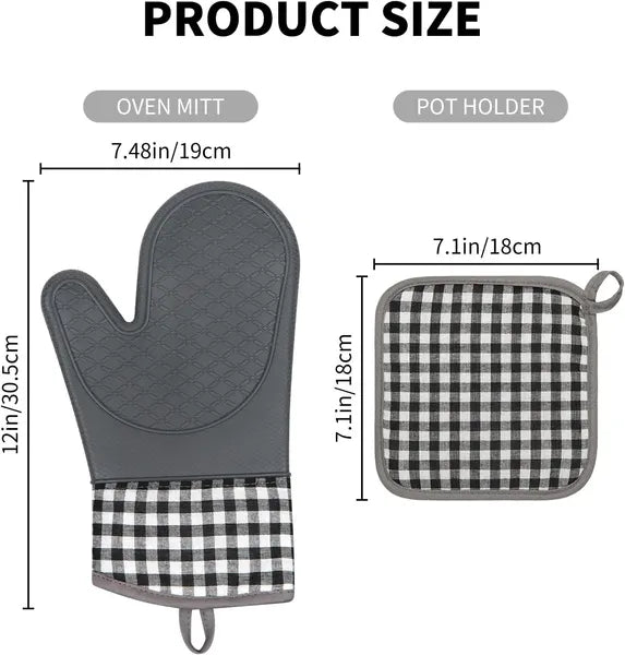 AEELLEEA Plaid Oven Mitts & Pot Holders 4 Pack, Heat Resistant Non-Slip Silicone Oven Gloves, Cotton Lining Kitchen Pads for Baking Cooking Grilling