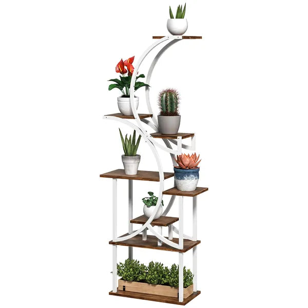 Aeelleea 8 Tier 62 Inch S-Shaped Corner Plant Stand, Carbonized Finish Wood & Metal Plant Shelf for Indoor Multiple Plants