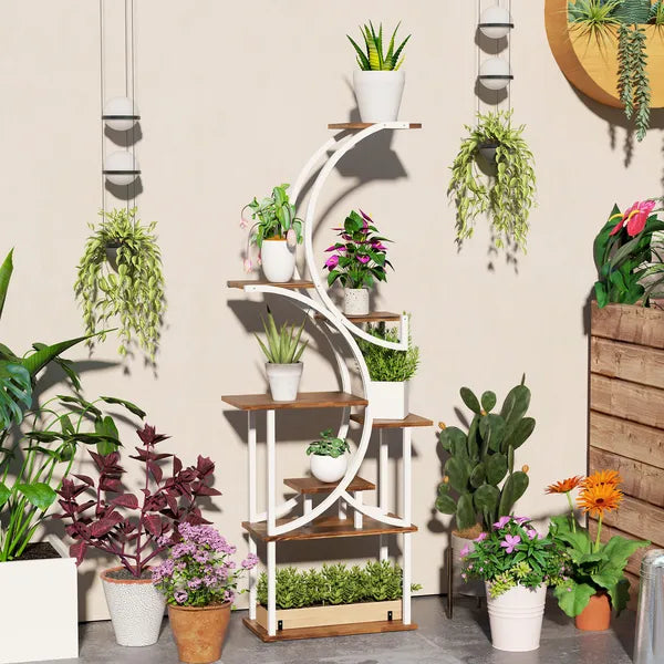 Aeelleea 8 Tier 62 Inch S-Shaped Corner Plant Stand, Carbonized Finish Wood & Metal Plant Shelf for Indoor Multiple Plants