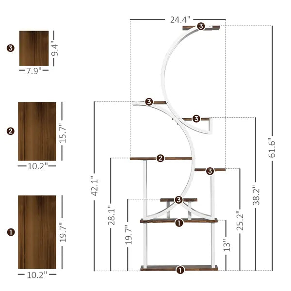 Aeelleea 8 Tier 62 Inch S-Shaped Corner Plant Stand, Carbonized Finish Wood & Metal Plant Shelf for Indoor Multiple Plants