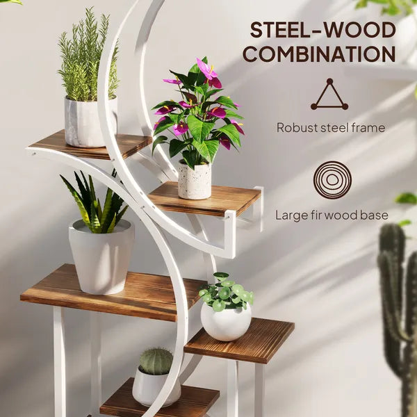 Aeelleea 8 Tier 62 Inch S-Shaped Corner Plant Stand, Carbonized Finish Wood & Metal Plant Shelf for Indoor Multiple Plants