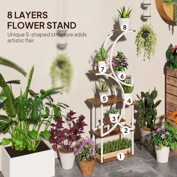 Aeelleea 8 Tier 62 Inch S-Shaped Corner Plant Stand, Carbonized Finish Wood & Metal Plant Shelf for Indoor Multiple Plants