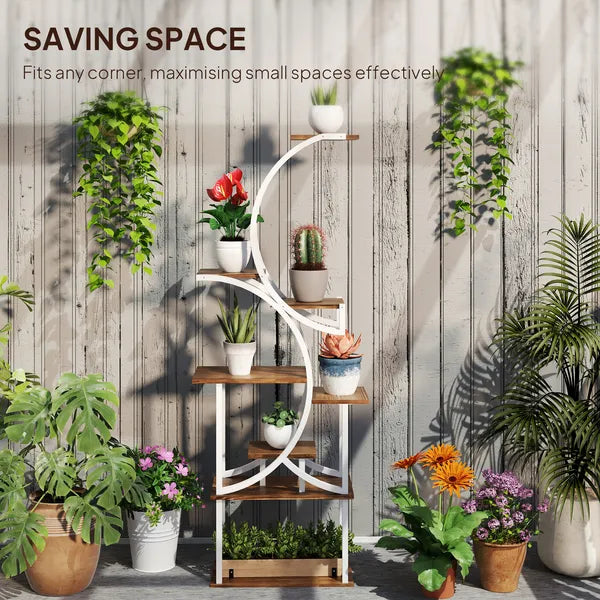 Aeelleea 8 Tier 62 Inch S-Shaped Corner Plant Stand, Carbonized Finish Wood & Metal Plant Shelf for Indoor Multiple Plants