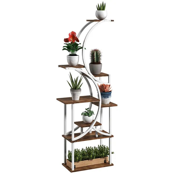 Aeelleea 8 Tier 62 Inch S-Shaped Corner Plant Stand, Carbonized Finish Wood & Metal Plant Shelf for Indoor Multiple Plants