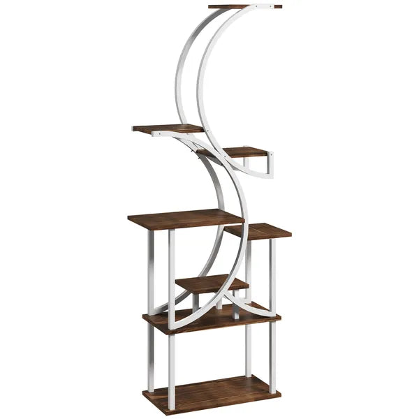 Aeelleea 8 Tier 62 Inch S-Shaped Corner Plant Stand, Carbonized Finish Wood & Metal Plant Shelf for Indoor Multiple Plants