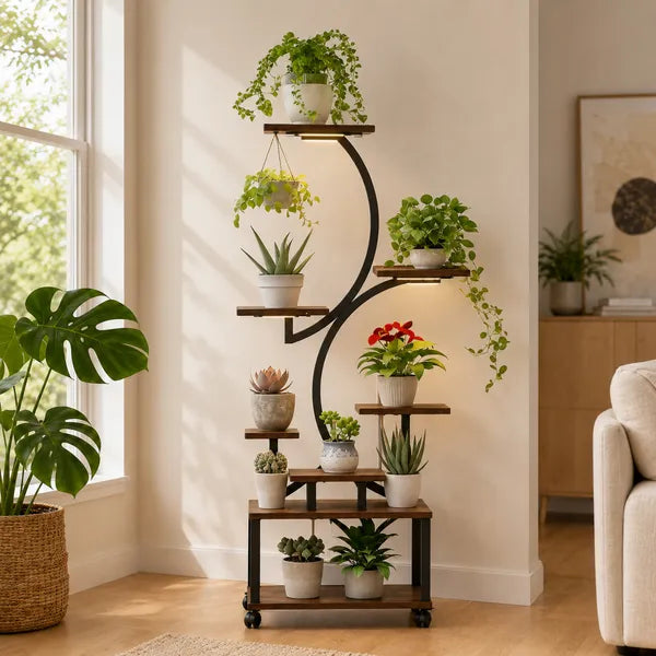 AEELLEEA Curved Multi Tier Plant Stand With Grow Light Mobile Plant Shelf For Indoor Home Decor