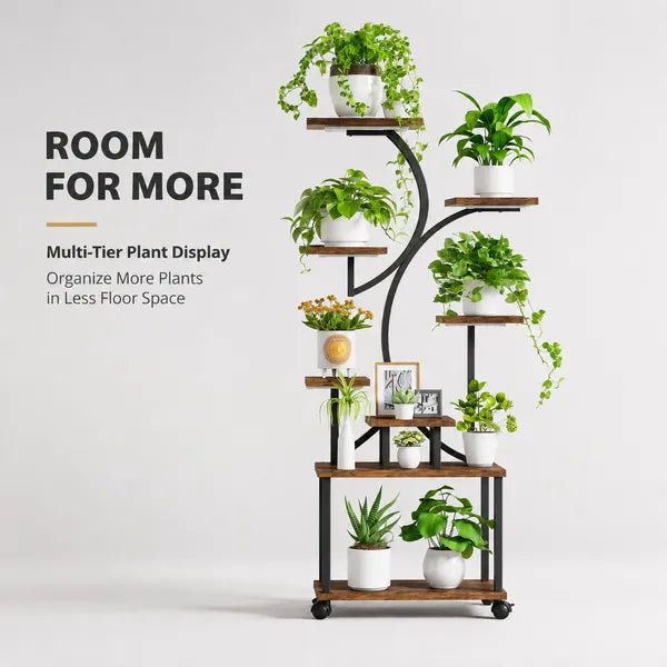 AEELLEEA Curved Multi Tier Plant Stand With Grow Light Mobile Plant Shelf For Indoor Home Decor
