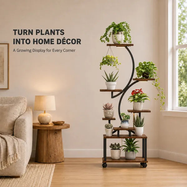 AEELLEEA Curved Multi Tier Plant Stand With Grow Light Mobile Plant Shelf For Indoor Home Decor