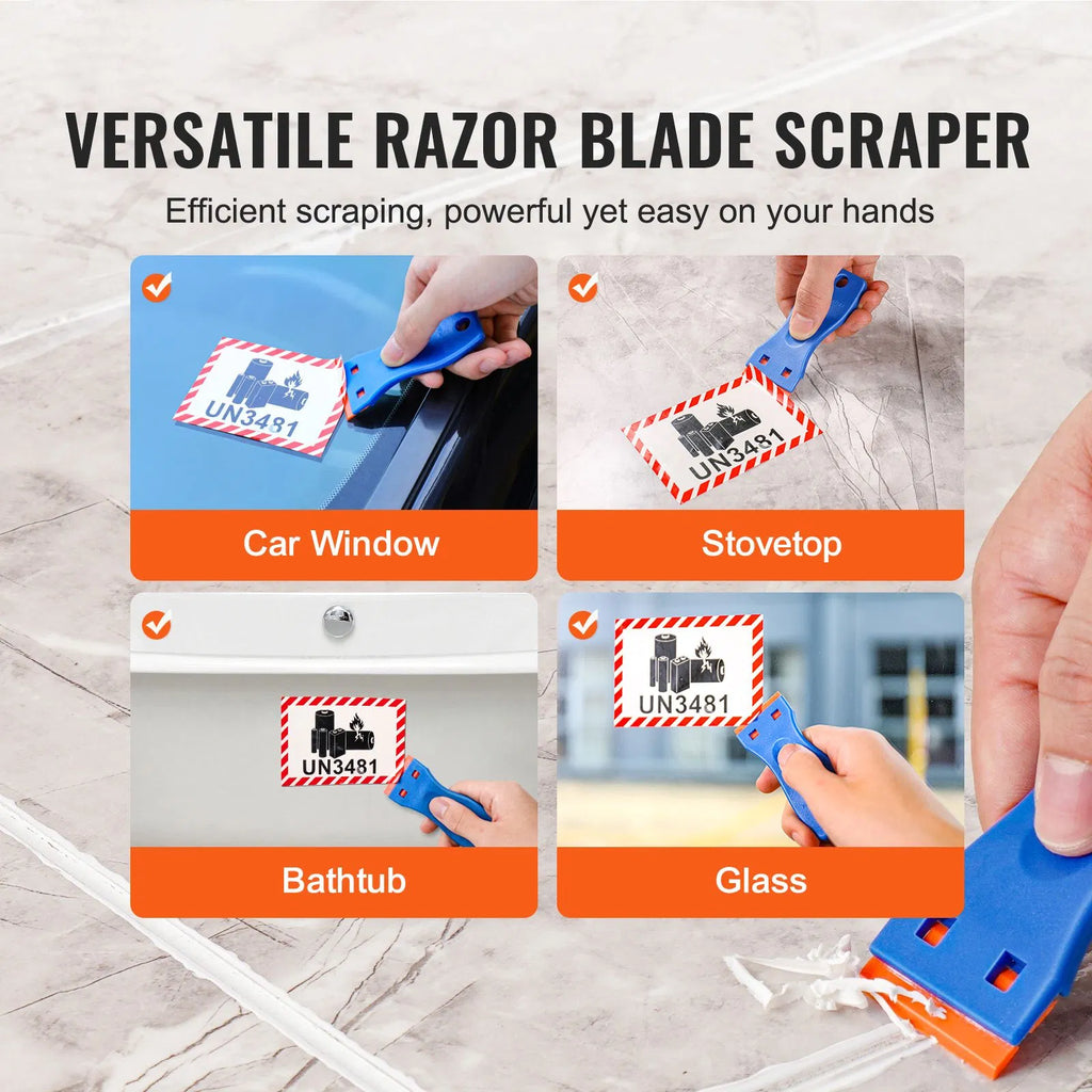 Non-Scratch Plastic Razor Blade Scraper 2-Pack with 120 Blades, Sticker and Label Remover for Glass, Car Windows, Blue