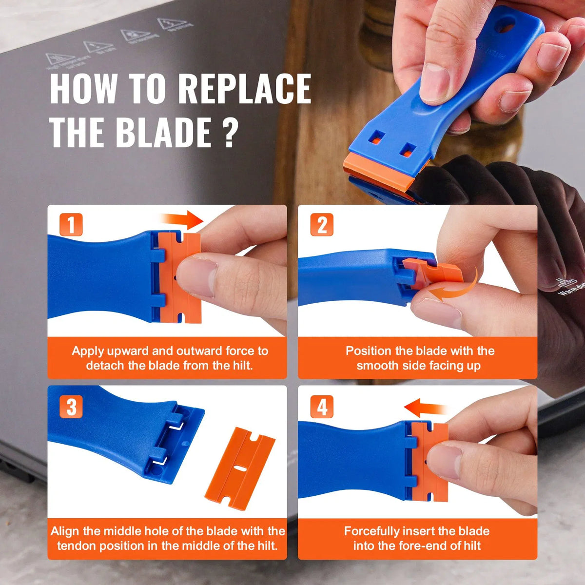 Non-Scratch Plastic Razor Blade Scraper 2-Pack with 120 Blades, Sticker and Label Remover for Glass, Car Windows, Blue