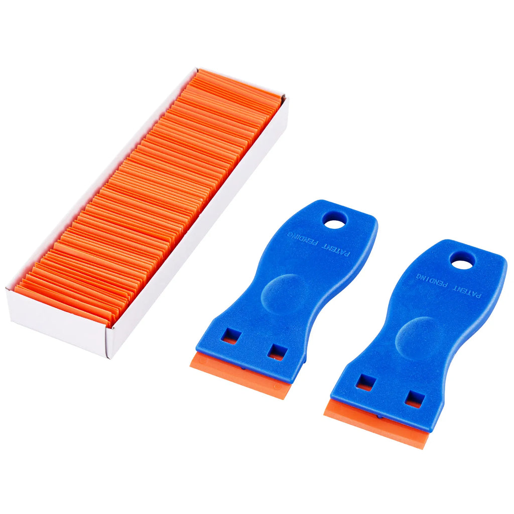 Non-Scratch Plastic Razor Blade Scraper 2-Pack with 120 Blades, Sticker and Label Remover for Glass, Car Windows, Blue