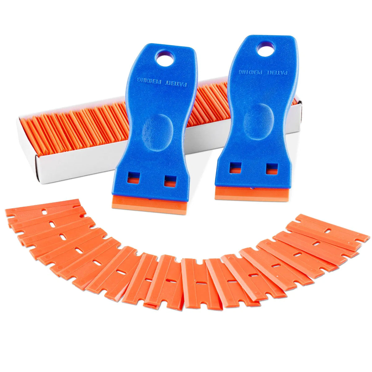 Non-Scratch Plastic Razor Blade Scraper 2-Pack with 120 Blades, Sticker and Label Remover for Glass, Car Windows, Blue